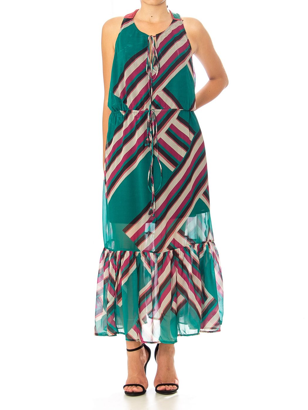 ABITO CHIFFON STAMPA GEOMETRIC RETRO CROCHET - TIFFANY-FUXIA